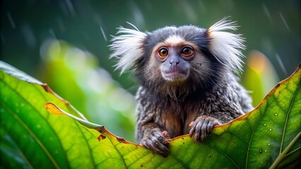 Naklejka premium A tiny, fluffy creature clings to a dripping leaf, grasping for balance amidst blurred green foliage, focusing attention on its soft fur and inquiring expression.