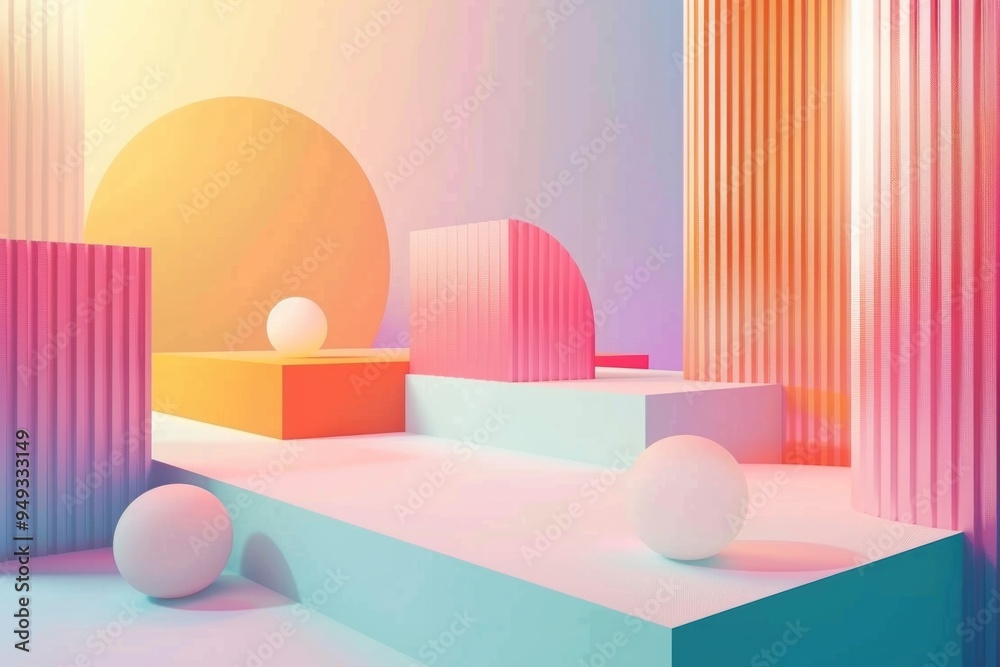 Poster A room filled with various colored shapes and patterns