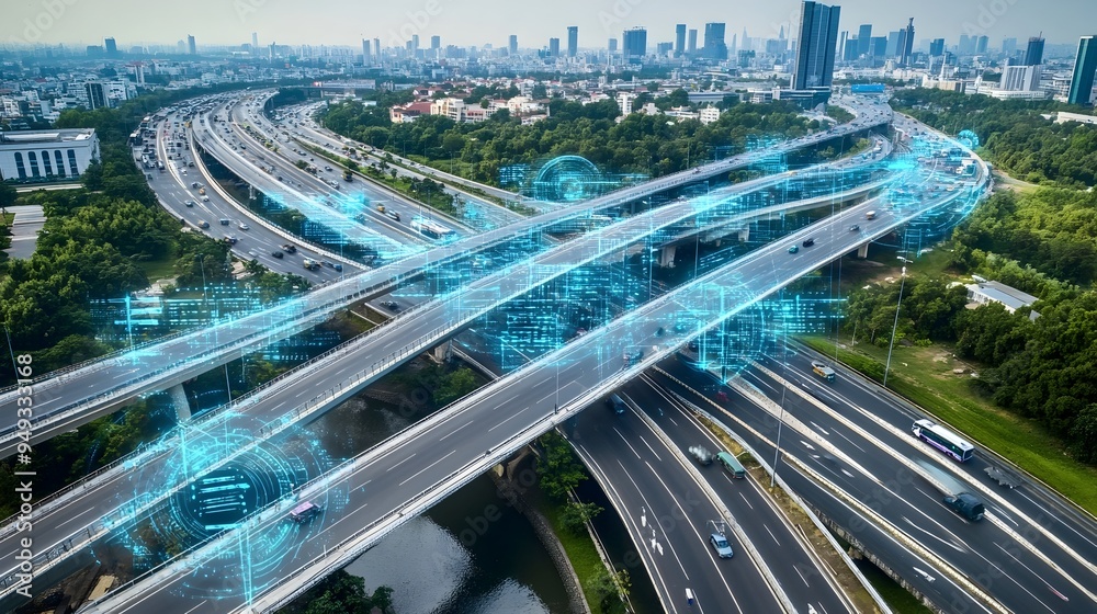 Poster aerial view of a multi level highway infrastructure featuring advanced iot driven traffic flow optim
