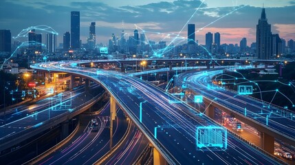 Obraz premium Aerial view of a modern multi level highway featuring advanced IoT driven traffic flow optimization systems for improved efficiency and management of urban transportation infrastructure