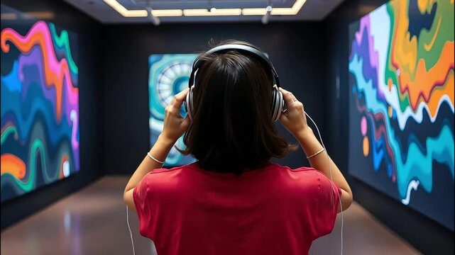 Person with headphones, immersed in vibrant abstract art in a gallery, blending visual and auditory experiences. AI-generated.