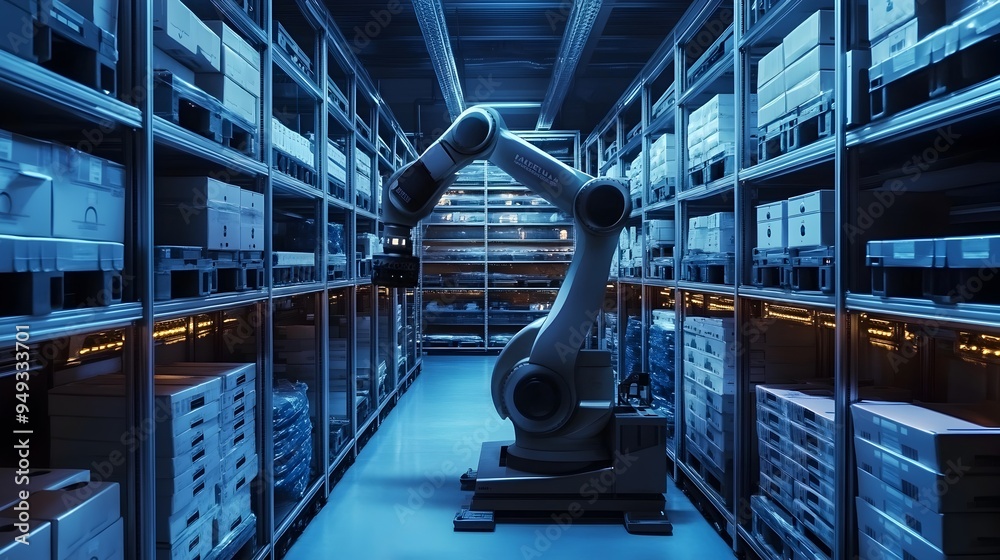Poster automated high tech storage facility optimizing inventory management with iot and robotics a futuris