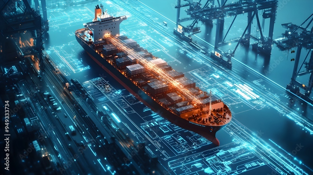 Poster cargo ship tracking via iot devices on digital logistics control center dashboard showing real time 