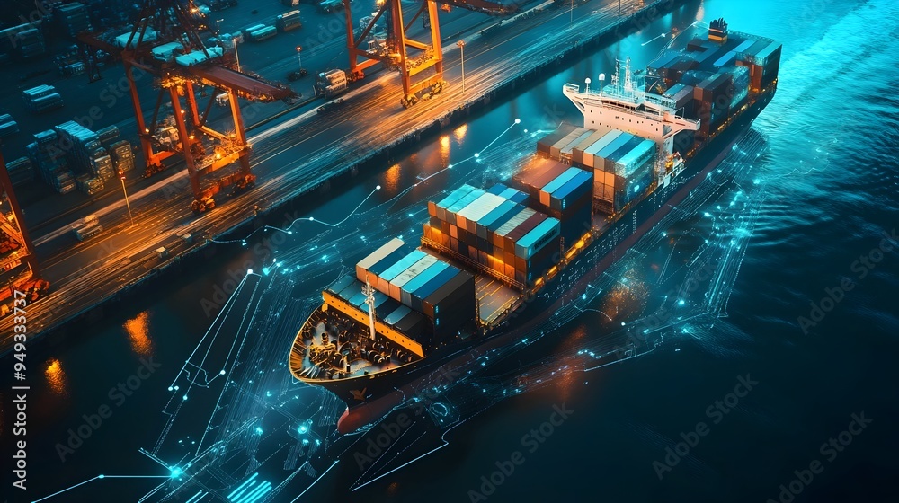 Poster aerial view of a logistics control center with a digital map displaying the real time tracking and m