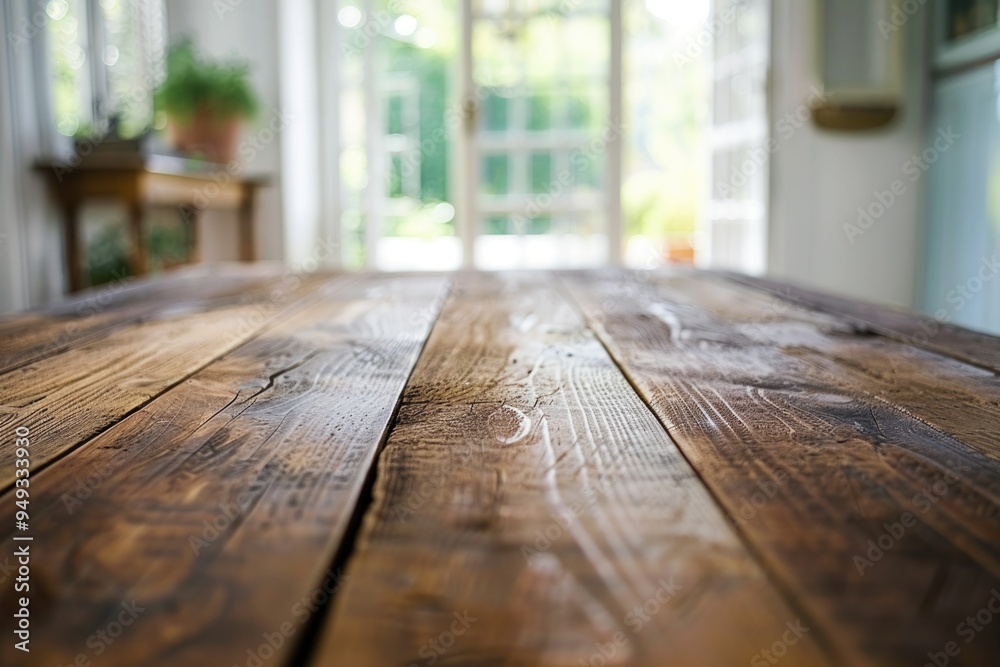 Aufkleber a wooden table with a view of a window in the background, perfect for a study or office setting