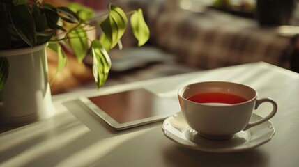 A person is enjoying a cup of tea with their tablet on a table