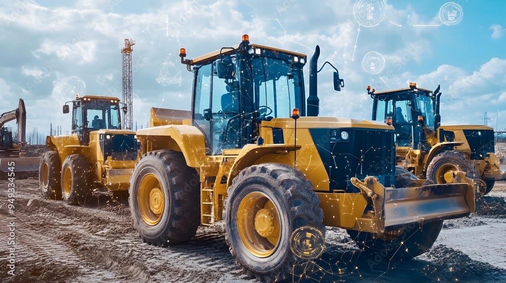 Poster photograph showcasing the use of iot powered road graders at a construction site demonstrating how a