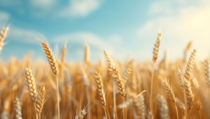 Fototapeta premium A field of golden wheat with a blue sky in the background by AI generated image