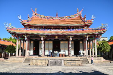 Taiwan - Jan 17, 2024: The Dachen Hall, standing in the center of a vast granite courtyard at Taipei Confucius Temple, houses the plaque of Confucius, the revered Sage.