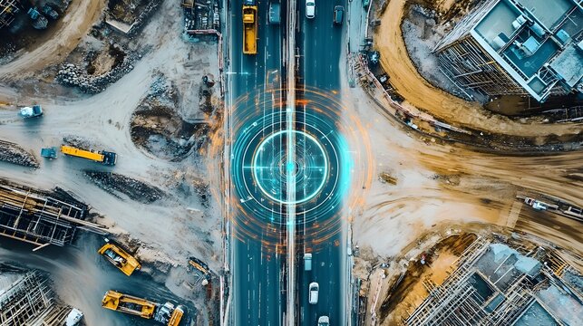 Overhead aerial view of an IoT Internet of Things monitoring system tracking and analyzing the progress of a road construction project with various sensors and data analytics displayed on a digital