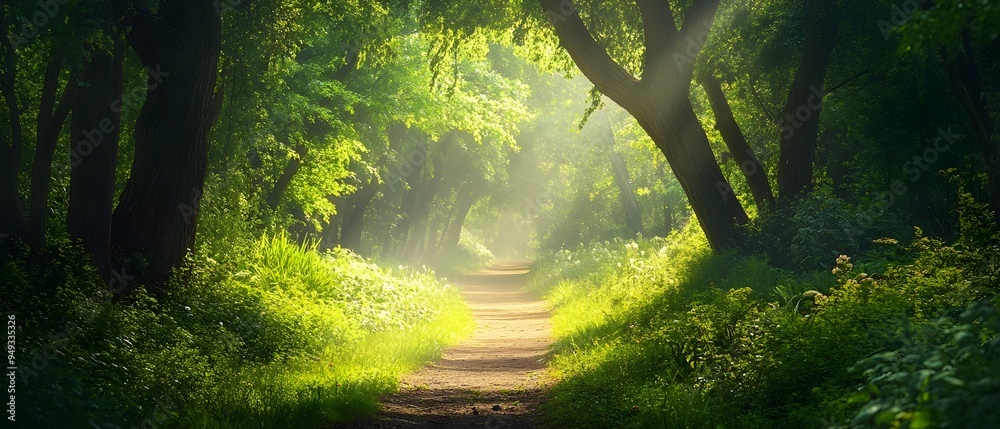 Aufkleber lush forest path with sunlight filtering through verdant foliage inviting nature