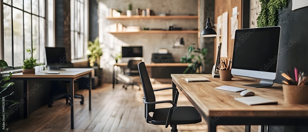 Poster minimalist and modern office workspace with clean design and ample natural lighting