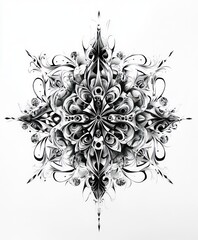 Intricate black and white abstract design resembling a snowflake or floral pattern.