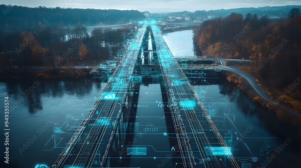 Poster a photograph showcasing real time data displayed on multiple screens at a bridge construction site o