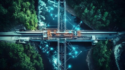 Advanced machinery and IoT technology working together to construct a modern bridge infrastructure over a scenic river