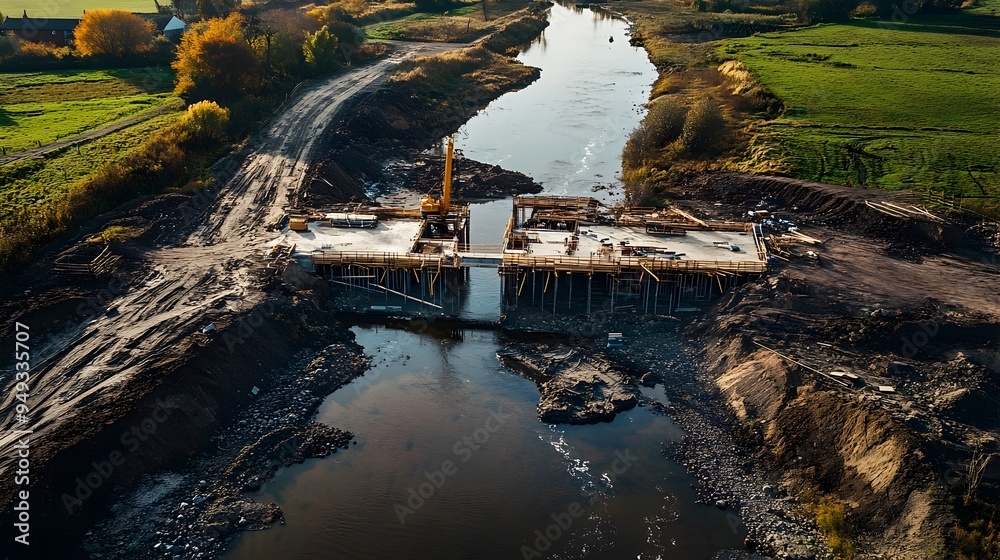 Poster partially constructed bridge over a river with various iot sensors and technology integrated through