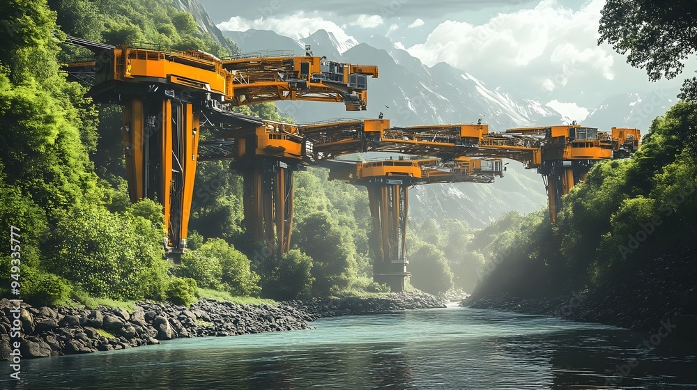 Poster automated internet of things iot machines efficiently placing structural beams to build a bridge ove