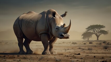 Fototapeta premium A full body shot of a rhinoceros walking across a dusty plain