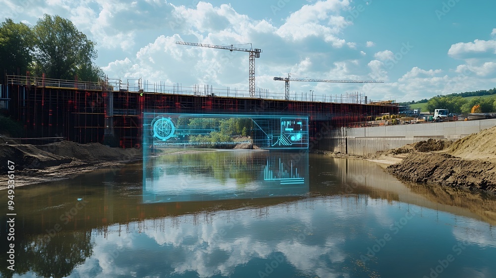 Poster digital construction site with real time bridge data analytics visualizing infrastructure progress a