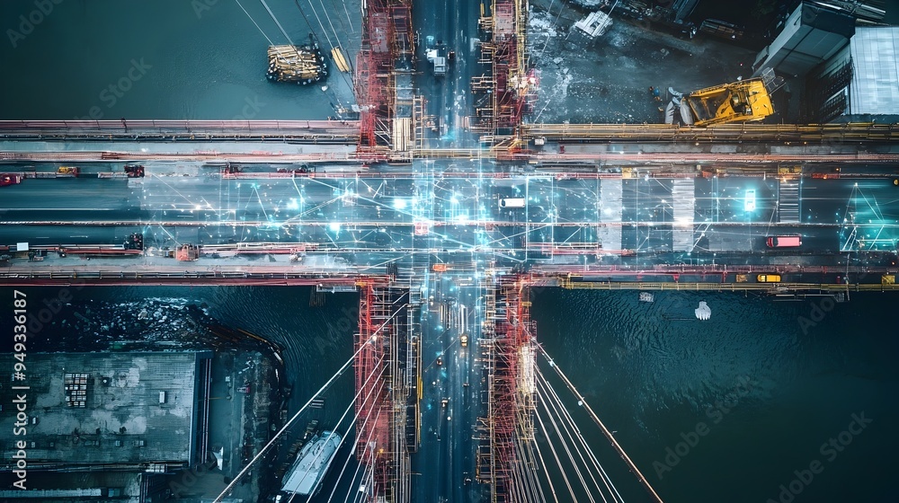 Poster innovative iot powered bridge construction site optimizing traffic flow and monitoring construction 