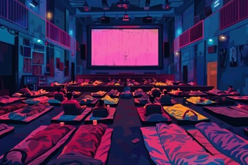 Naklejka premium Group of people resting on a floor with mattresses and pillows, possibly after a party or event