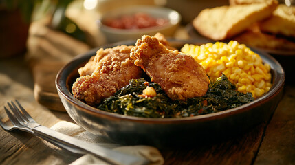 Close-up of traditional Southern soul food for National Soul Food Month, showcasing cultural...