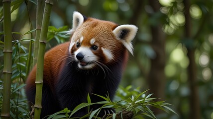 Obraz premium A full body shot of a red panda climbing through the branches of a bamboo forest, its reddish-brown fur bright against the green leaves