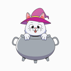 white cat in cauldron vector illustration cartoon animal flat isolated