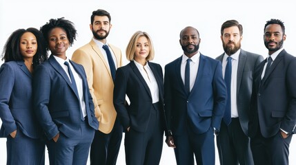 Obraz premium A team of business professionals in formal attire stands together, showcasing diversity in their roles and backgrounds