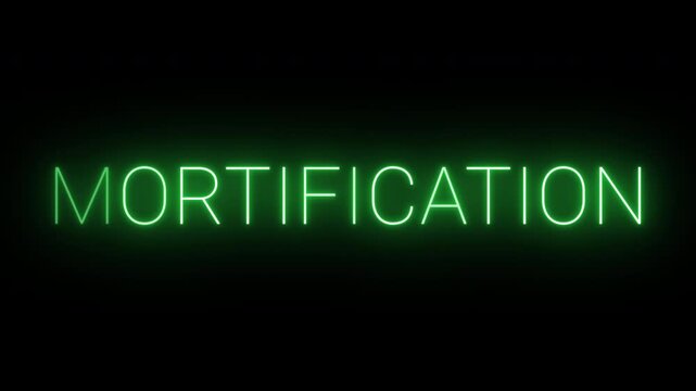 Flickering neon green glowing mortification text animated on black background