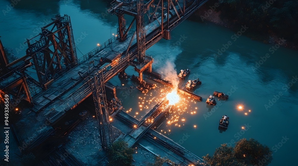 Poster automated iot powered robots efficiently welding sections of a sleek and futuristic bridge structure