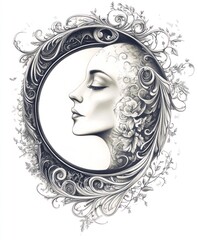 A stylized profile of a woman surrounded by intricate floral designs.