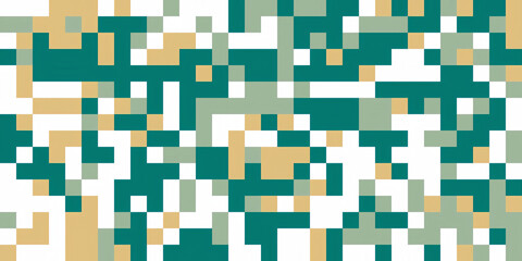 Abstract geometric background pixel pattern with a mix of teal, beige, and white squares.