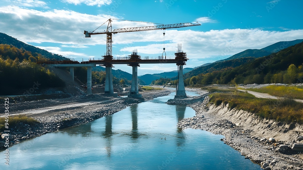 Poster a digital twin of a bridge being built over a river created using iot technology to monitor and opti