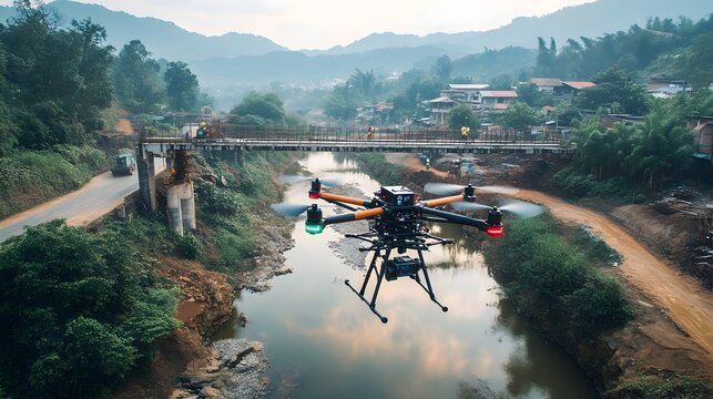 Advanced construction drones leveraging the power of IoT technology to streamline the process of building a bridge over a flowing river