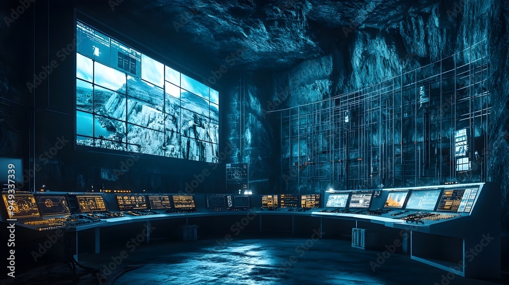 Poster automated control room with iot interfaces overseeing the construction of a hydroelectric dam showca