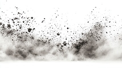 Ground material erupts in a dynamic display, sending dust and debris flying into the air against a clean white backdrop