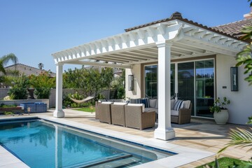 Obraz premium White Aluminum Patio Cover on Angled House with Outdoor Pool Area in California Style, Under Clear Blue Sky