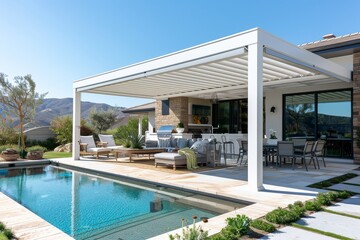 Fototapeta premium White Aluminum Patio Cover on Angled House with Outdoor Pool Area in California Style, Under Clear Blue Sky