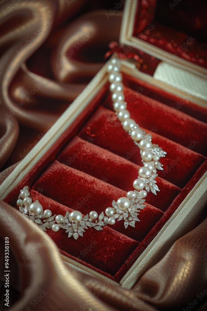 Poster A diamond and pearl necklace in a decorative box, perfect for jewelry stores or gift presentations