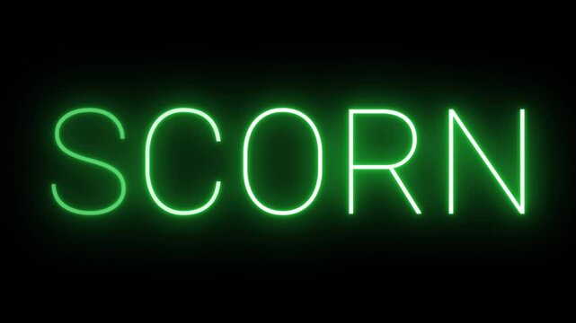 Flickering neon green glowing scorn text animated on black background