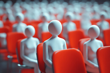 Abstract representation of a crowd with humanoid figures and vibrant red chairs, symbolizing community and gatherings.