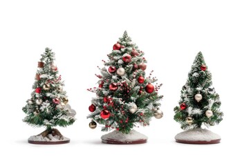 Three small Christmas trees decorated with ornaments and lights
