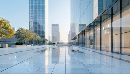 Fototapeta premium A city street with a large glass building in the background by AI generated image