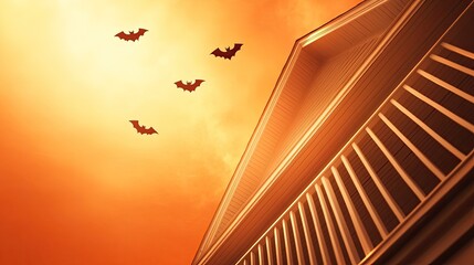 Obraz premium A captivating sunset scene with bats soaring above a building, creating a mysterious and eerie atmosphere.