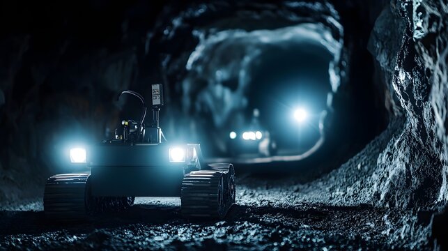 Advanced robotic systems equipped with IoT sensors performing comprehensive inspections and monitoring in a deep underground mining environment to enhance safety efficiency