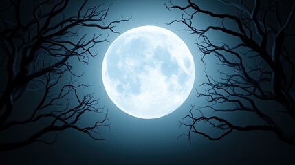 Naklejka premium A glowing full moon surrounded by dark, bare branches creates a mysterious and tranquil night atmosphere.