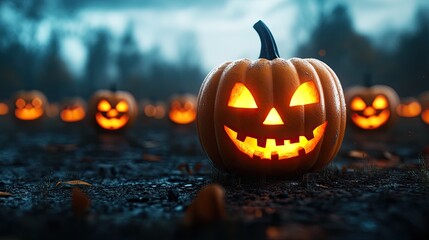 A glowing Jack-o'-lantern stands out among a field of pumpkins, creating a spooky Halloween atmosphere at twilight.