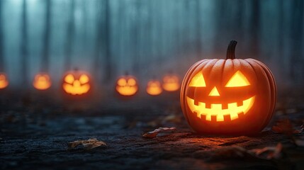 Fototapeta premium A glowing jack-o'-lantern surrounded by fog in a mysterious forest, capturing the essence of Halloween magic and autumn ambiance.