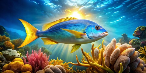 Golden light dances across the calm ocean floor, illuminating a vibrant yellowtail snapper, its electric blue fins and yellow tail gliding among coral, seaweed, and tropical fish.